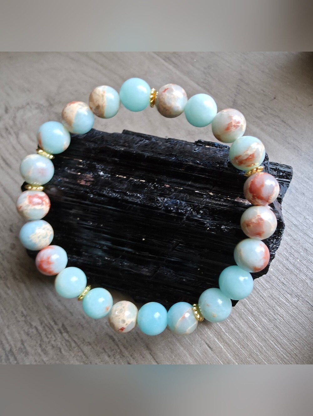 Aqua Terra Jasper Beaded Stretch Bracelet 18K Gold Spacer| Natural Quartz  8mm